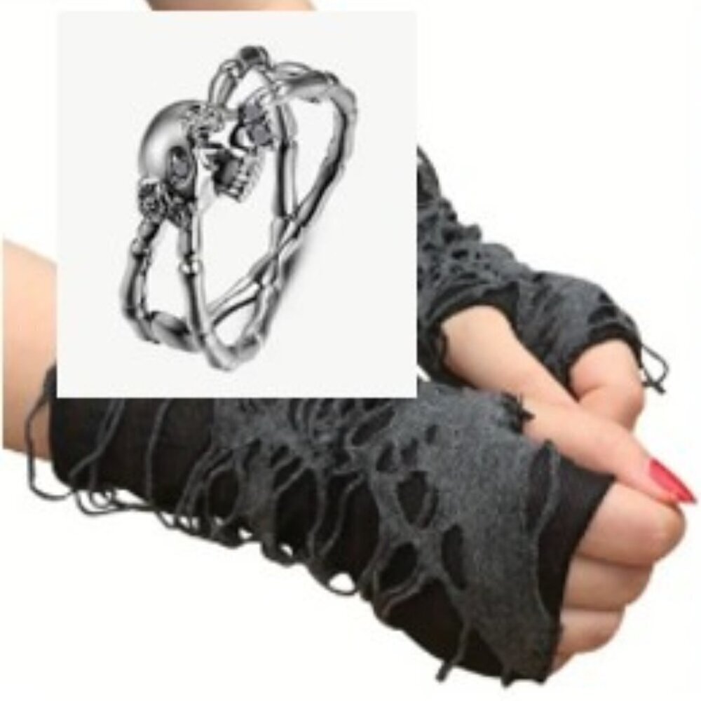 Gothic Ring and Gloves for Halloween or Parties Unique X-shape Skull Ring size 9